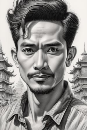 Indonesia comics 30 years old man,character sketch,pencil, intricately details, finely detailled, Hyper-detailing, Caricature, pencil sketch, saguplo