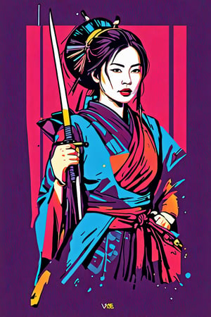 Japanese woman warrior, digital artwork, bold lines, vibrant, simplify vector, saturated colors,AiArtV,chan-wong,dabuFlatMix_v10.safetensors