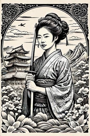 a half body picture, monochrome, shepia, stamped embossed, fillagree, realistic, pretty, lovely,landscap art retro, Japanese warior woman with a sword, old vintage stamp, ink punk,dinamic,ink art , comic book, cartoon,colors, sketch, tiny detailed, masterpiece, artstation trends, sharp focus, ,bold high quality, intricate details,vector style for t-shirt,ultra detailed, high resolution,chan-wong,more detail XL