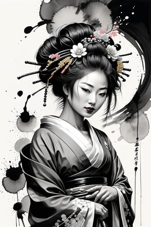 Sumi-e style,Ink and ink painting,Black and white painting,splash,Nikole man,Oiran,kodew,chan-wong,monochrome