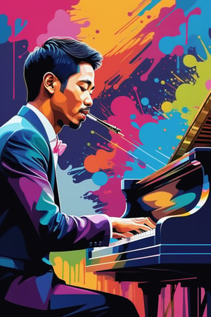 WPAP Style, a close up of a Indonesia man playing a Piano on a colorful background, vector art style, in style of digital illustration, extremely high quality artwork, vector art, vector artwork, high quality portrait,  digital art illustration, artistic illustration, stylized digital illustration, jazz album cover, background artwork, digital illustration, musician, beautiful artwork, wpap graffiti art, splash art, street art, spray paint, oil gouache melting, acrylic, high contrast, colorful polychromatic, ultra detailed, ultra quality, CGSociety,chan-wong,dewong