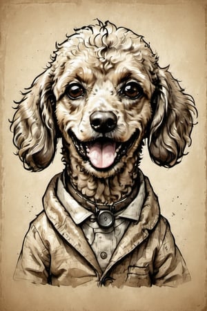 a funny poodle, capturing funny expression, pen and ink on aged, stained paper, gentle strokes portraying fine texture, muted color palette for hazy ambiance, crisp ink outlines creating depth, texture-focused, ultra fine, realistic, dramatic lighting, pen and ink style.