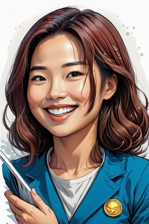 Leonardo Style ,cute woman looking at viewer,  smile,cell shade art style,comic book , insane resolution , white solid background,wong-chan,chan-wong