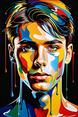 a young man head on black background, An abstract oil painting of the colorful, using vector art and drip art. Fine detail. Worthy of the most prestigious art gallery in the world. Only use five colors, colored background