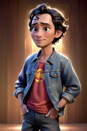Create a hyper-realistic image of an Indoneisa man aged 58 with short light and wavy black hair , standing,  Split light fell on his face. The character wears casual modern clothing such as a jeans jacket. The background of the image is black. Make the image intricately hyper-realistic and detailed,ebes,Masterpiece,disney pixar style