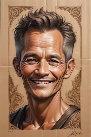 Black and brown drawing of an outdoor man,60years old, sly smile from under forehead, on kraft paper, Karl Kopinski, fantasy, highly detailed, Vlop and Krenz Cushart, ornate detailing, Jean-Sebastian Rossbach, James Gene,ebes