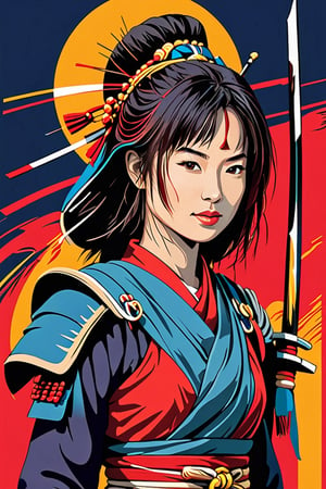 Japanese woman warrior, digital artwork, bold lines, vibrant, simplify vector, saturated colors,AiArtV,chan-wong,dabuFlatMix_v10.safetensors,Flat vector art