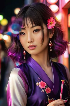 Generate realistic image of a japanese woman with flowing, waist-length hair, her gaze fixed directly on the viewer. Her locks shimmer with imperial purple hues, framing her face adorned with delicate earrings. Her lips, painted a rich dark pink, complement her mesmerizing grey eyes accentuated by subtle makeup. In the background, a soft blur adds depth, drawing focus to her piercing gaze and rosy cheeks. Inset within the photo, her freckled nose adds a touch of realism as she holds a lollipop with effortless allure.,chans