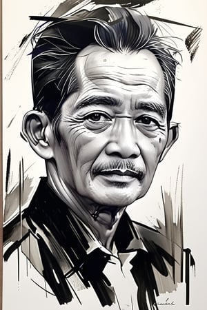 masterpiece, best quality, 1male,Artistic, 60 years old  man, indonesia man,linear hatching,chiaroscuro,sketch,Rough strokes,white background,blurred ink,charcoal, Monochrome,sephia colour ,looking at viewer,datailed eyes,charcoal \(medium\),look back,pale colors,ebesiyasku