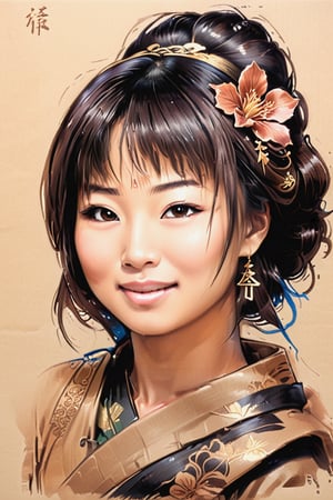 Black and brown drawing of an Japanese woman, sly smile from under forehead, on kraft paper, Karl Kopinski, fantasy, highly detailed, Vlop and Krenz Cushart, ornate detailing, Jean-Sebastian Rossbach, James Gene,CEO,more detail XL,face
