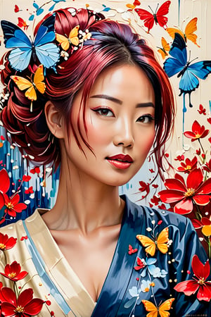 Portrait in vibrant impasto technique, Japanese woman with updo of vibrant red hair, locked in a captivating gaze with the viewer, surrounded by whimsical splashes transitioning from paint to delicate the petals of blooming flowers to fluttering butterflies, against a cream canvas backdrop infusing whispers of blue and red, oozing with dynamic textures, exuding kinetic energy in a blend of styles reminiscent of William Oxer,chan-wong