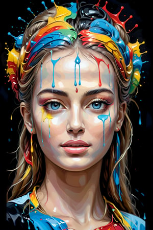 goddes head on black background, An abstract oil painting of the colorful, using vector art and drip art. Fine detail. Worthy of the most prestigious art gallery in the world. Only use five colors, colored background