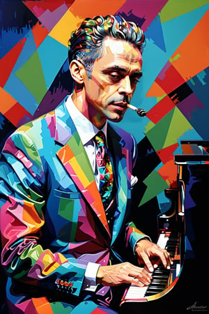 Jazz Night, painting of a man playing a piano in a colorful suit,  energetic jazz piano portrait, wpap, colourful movie art, extremely high quality artwork, by Bencho Obreshkov, portrait of jordan peterson, art of alessandro pautasso, inspired by Vincent Lefevre, james gurney painting style, by Arik Brauer abstract vector fractal, wave function, Zentangle, 3d shading,wongapril