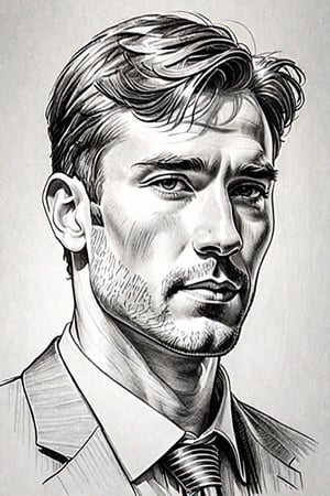Focusing on the fresh male head in the sketch hand-drawn style, the lines are smooth, and there is a sense of realism that portrays the cultural atmosphere, vivid and vivid,CEO,pencil sketch