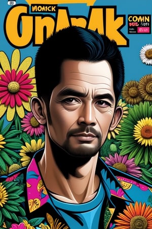 A man mixed with a flowers,dramatic look, vector style for t-shirt,ultra detailed,vibrante colors,comic boock,carton style,ebesyas