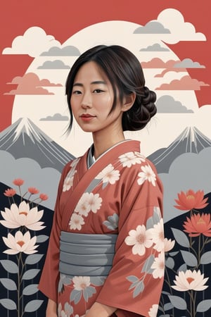 Young japanese Woman, with cloudy sky, in the style of john holcroft, whimsical floral scenes,light silver and light red, minimalist illustrator, cfa voysey, linear elegance,chan-maret-wong
