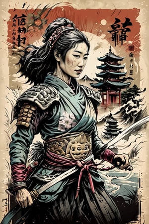 a half body picture, monochrome, shepia, stamped embossed, fillagree, realistic, pretty, lovely,landscap art retro, Japanese warior woman with a sword hanging on the back, old vintage stamp, ink punk,dinamic,ink art , comic book, colors, sketch, tiny detailed, masterpiece, artstation trends, sharp focus, ,bold high quality, intricate details,vector style for t-shirt,ultra detailed, high resolution,chan-wong,more detail XL