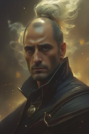 illustration of a handsome villain guy close up portrait, majestic, in like of mark strong, dark mage, made from dark smoke and magic, image by dorss.wlop, arthur rackham, and ismail inceoglu and bagshaw and artgerm, high dynamic, rim light, intricate, gold dust, portrait, beautifully lit, ethereal, bleak, art by guweiz and wlop and ilya kuvshinov and atey ghailan and artgerm and makoto shinkai and studio ghibli,dewong5,dewong