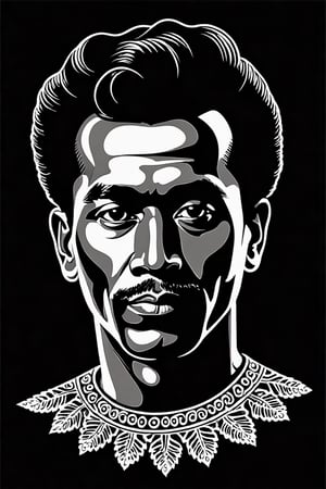 Vintage tshirt print design (on a black background:1.2), Retro Silhouette drawing of close-up  a Indonesia man from the front, with black white color ,black background, delicate, filigram,centered, intricate details,high resolution,4k, illustration style,Leonardo Style,tshirt design, simple background,tshirt design, simple background, J_comic_book,pencil sketch,CEO,saguplo