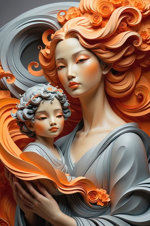mother marry and baby jesus, artgerm and ben lo and mucha, orange clouds, female water elemental, lots of swirling, grey and orange, paper relief sculpture, inspired by Luo Mu, detailed dress and face, featured art, android mystic, painting of a woman in the style of paper art, 4k, hyper detailed image, dslr, super sharp image,mdjrny-pprct