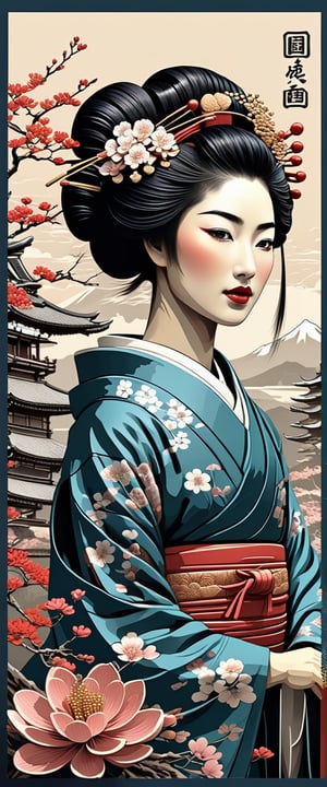 3d, stamped embossed, fillagree, realistic, pretty, lovely,landscap art retro, geisha, Japanese woman, old vintage stamp, ink punk,dinamic,ink art , comic book, cartoon,colors, sketch, tiny detailed, masterpiece, artstation trends, sharp focus, ,bold high quality, intricate details,vector style for t-shirt,ultra detailed, high resolution,chan-wong,more detail XL