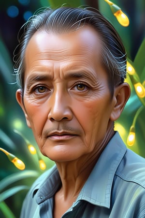 indonesian male 75 years , realistic, male, (color), post-production, dark eyes, (highest quality), A close-up of a somewhat vicissitudes of an aged male with a deep expression, deep eyes, serious, fireflies, digital art oil painting, Steve Henderson style,ebes,Masterpiece
