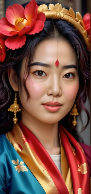 A beautiful woman with black curly hair, flowers in her hair, red scarf, flowers in her hand, rich deep colors, Cel shaded layered image. Beautiful face, perfect anatomy, perfect sparkling eyes, detailed eyes, golden ratio, award winning, professional, very detailed, centered, symmetry, painted, intricate,chan-wong