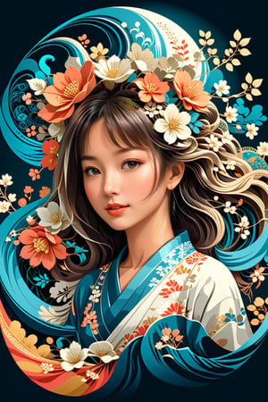 vector art, flat coloring, cel shaded, cel shading, illustration, vector illustration, vector coloring, Antique Grunge aesthetic, a alluring jAPANESE woman with flowing hair made entirely of flowers, warm and bright sunlight, a mesmerizing blend of light and shadow. masterpiece, absurdres, intricate details abstract vector fractal, wave function, Zentangle, 3d shading,vector art illustration