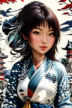 Textures,caligraphic line art japanese woman and temple ink color style ,Comic book,cartoon,intricate details,sharp focus,3d, high resolution,chans,wong-chans,chan-wong