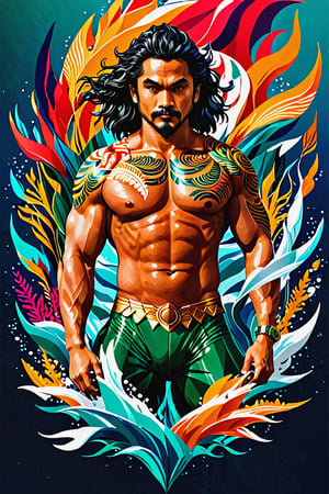 a Indonesia man  poster as at Aquaman  movie, symetrical, vector illustration, Leonardo Style,tshirt design,oni style, color splash,ribbons, vibrant, full figure, ((upper body)),ebesiyasku