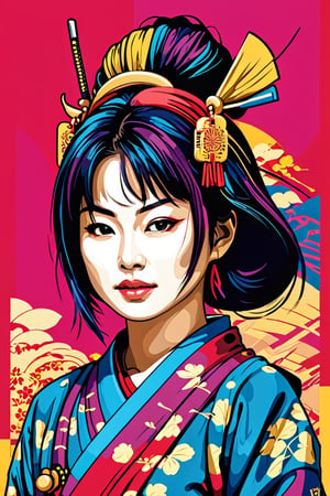 Japanese woman warrior, digital artwork, bold lines, vibrant, saturated colors,AiArtV,chan-wong