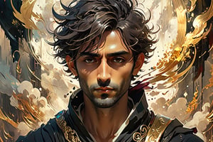 centered object, llustration of a handsome Indoensian guy close up portrait, majestic, in like of mark strong, dark mage, made from dark smoke and magic, image by dorss.wlop, arthur rackham, and ismail inceoglu and bagshaw and artgerm, high dynamic, rim light, intricate, gold dust, portrait, beautifully lit, ethereal, bleak, art by guweiz and wlop and ilya kuvshinov and atey ghailan and artgerm and makoto shinkai and studio ghibli,align right,dewong5,dewong