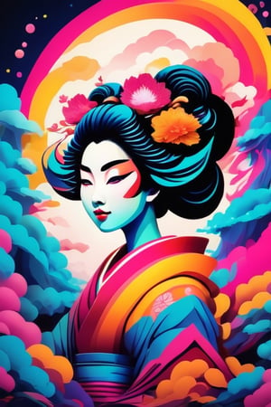 neon colors, cartoon style illustration of a geisha as she sees the world while experiencing hallucinations, stoned, splash art, splashed neon colors, neon glowy smoke) motion effects, best quality, wallpaper art, UHD, centered image, ((flat colors)), (cel-shading style) very vibrant neon colors, extremely saturated image (saturation 10) ink lined art, bold lines