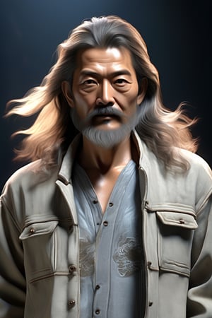 Create a hyper-realistic image of an Asia man aged 55 with long light and wavy brown hair with some gray, standing. The hair mustache and beard are sparse. Split light fell on his face. The character wears casual modern clothing such as a jeans jacket. The background of the image is black. Make the image intricately hyper-realistic and detailed,ebes