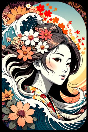 vector art, flat coloring, cel shaded, cel shading, illustration, vector illustration, vector coloring, Antique Grunge aesthetic, a alluring jAPANESE woman with flowing hair made entirely of flowers, warm and bright sunlight, a mesmerizing blend of light and shadow. masterpiece, absurdres, intricate details abstract vector fractal, wave function, Zentangle, 3d shading