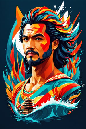 a Indonesia man  poster as at Aquaman  movie, symetrical, vector illustration, Leonardo Style,tshirt design,oni style, color splash, inkstrike (splatoon), ribbons, vibrant, full figure, ((upper body)),wongapril,ebesiyasku