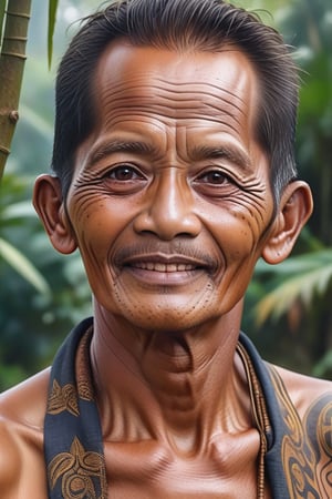 Black and brown drawing of an outdoor man,65 years old, BLACK eyes, Indonesia,little smile from under forehead, Karl Kopinski, fantasy, highly detailed, Vlop and Krenz Cushart, ornate detailing, Jean-Sebastian Rossbach, James Gene,ebes,ebezz,ebesiyasku