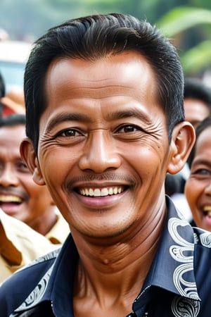 a realistic and detailed portrait of a Indonesia man with captivating eyes and flowing black hair. The face is filled with lively expressions, laughing at the speaker with warmth and joy. more detail XL,ebesiyasku