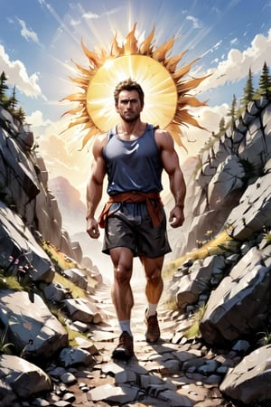 The sun shone brightly, hitting the face of a strong man ready to step forward, along a rocky, uphill path.