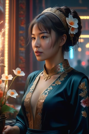 Beauty with flowers, lace, silk, embroidery, delicate , sharp focus, emitting diodes, smoke, artillery, sparks, racks, system unit, motherboard, by pascal blanche rutkowski repin artstation hyperrealism painting concept art of detailed character design matte painting, 4 k resolution blade runner,chan-wong