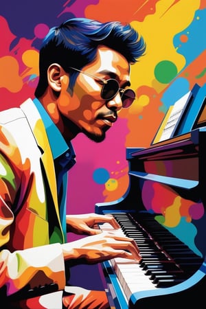 WPAP Style, a close up of a Indonesia man playing a Piano on a colorful background, vector art style, in style of digital illustration, extremely high quality artwork, vector art, vector artwork, high quality portrait,  digital art illustration, artistic illustration, stylized digital illustration, jazz album cover, background artwork, digital illustration, musician, beautiful artwork, wpap graffiti art, splash art, street art, spray paint, oil gouache melting, acrylic, high contrast, colorful polychromatic, ultra detailed, ultra quality, CGSociety,chan-wong,dewong