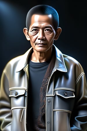 Create a hyper-realistic image of an Indoneisa man aged 55 with short black hair , standing. Split light fell on his face. The character wears casual modern clothing such as a jeans jacket. The background of the image is black. Make the image intricately hyper-realistic and detailed,ebes