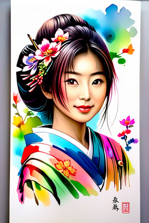 pencil Sketch of a beautiful  Japanese woman 30 years grande fée avec un châle long coloré et plein coulant orné de fleurs multicolores, douces couleurs pastel mélangées à des aquarelles de couleur vive, assise sur une balançoire en bois ovale,chan-wong