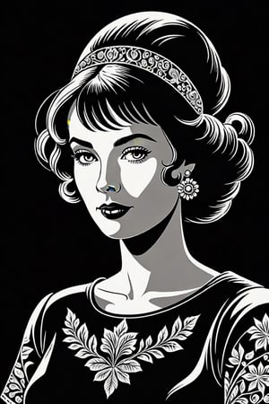 Vintage tshirt print design (on a black background:1.2), Retro Silhouette drawing of a nice woman from the front, with black white color ,black background,delicate,filigram,centered,intricate details,high resolution,4k, illustration style,Leonardo Style,tshirt design, simple background,tshirt design, simple background, J_comic_book,pencil sketch,chans