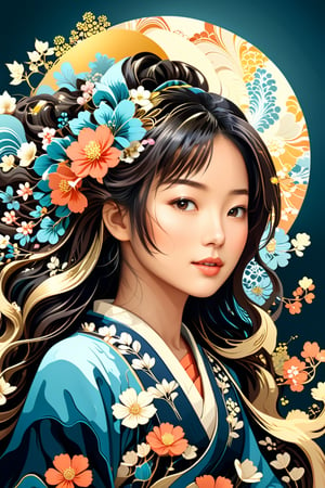 vector art, flat coloring, cel shaded, cel shading, illustration, vector illustration, vector coloring, Antique Grunge aesthetic, a alluring jAPANESE woman with flowing hair made entirely of flowers, warm and bright sunlight, a mesmerizing blend of light and shadow. masterpiece, absurdres, intricate details abstract vector fractal, wave function, Zentangle, 3d shading,vector art illustration