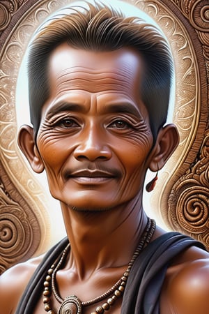 Black and brown drawing of an outdoor man,65 years old, BLACK eyes, Indonesia,little smile from under forehead, Karl Kopinski, fantasy, highly detailed, Vlop and Krenz Cushart, ornate detailing, Jean-Sebastian Rossbach, James Gene,ebes,ebezz,d1p5comp_style