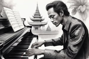 fineliner pen and ink wash drawing ofa close up of a Indonesia man playing a Piano, looking at the viewer,Karl Kopinski, fantasy, highly detailed, Vlop and Krenz Cushart, ornate detailing, Jean-Sebastian Rossbach, James Gene, ,wongapril