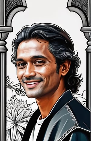 a half body portrait,colouring book, Indonesia man 45 years, black eyes,balck hair, close up portrait, Silhouette drawing of a smile man from the front, centered,intricate details,high resolution,4k, illustration style,Leonardo Style,OverallDetail,  fantasy novel illustration sketch, DaVinci,Coloring Book,ColoringBookAF, wongapril