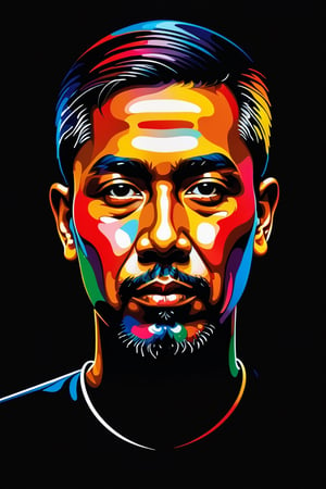 AN INDONESIAN man head on black background, An abstract oil painting of the colorful, using vector art and drip art. Fine detail. Worthy of the most prestigious art gallery in the world. Only use five colors, colored background,CEO