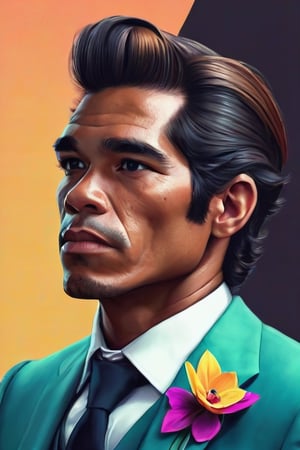 a photograph of , a close up of a 60 years indonesia man in a suit , a digital painting inspired by rodel gonzalez, featured on cgsociety, funk art, wearing a colorful men's suit,wong-iyas,ebes